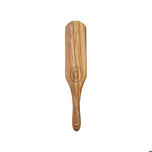 Wooden paddle with a brand logo on a white background