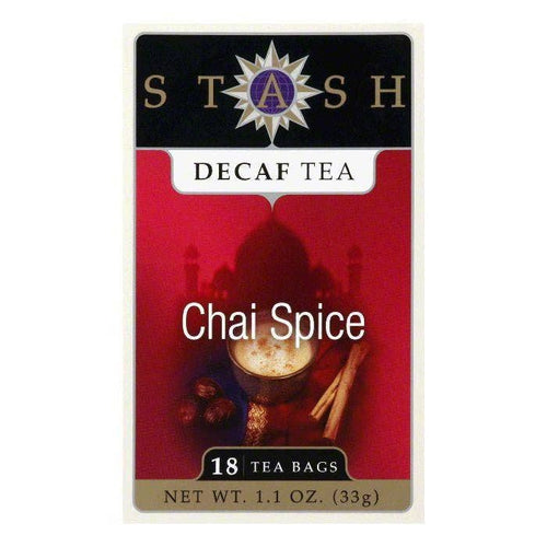 Stash Decaf Chai Spice tea package on a white background
