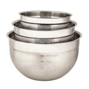 Set of stainless steel mixing bowls with measurements on a white background