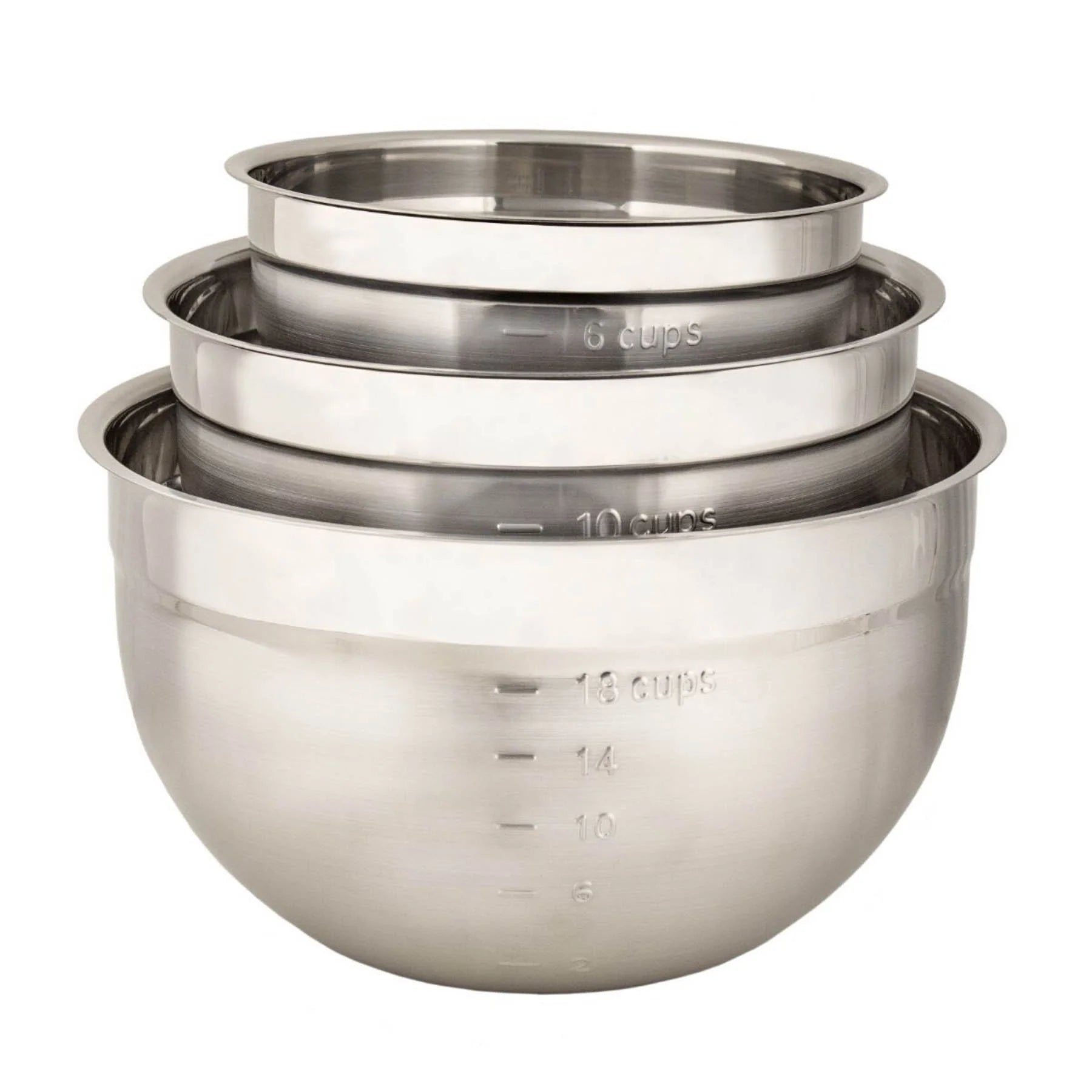 Set of stainless steel mixing bowls with measurements on a white background