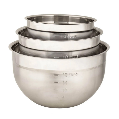 Set of stainless steel mixing bowls with measurements on a white background