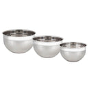 Set of three stainless steel bowls on a white background