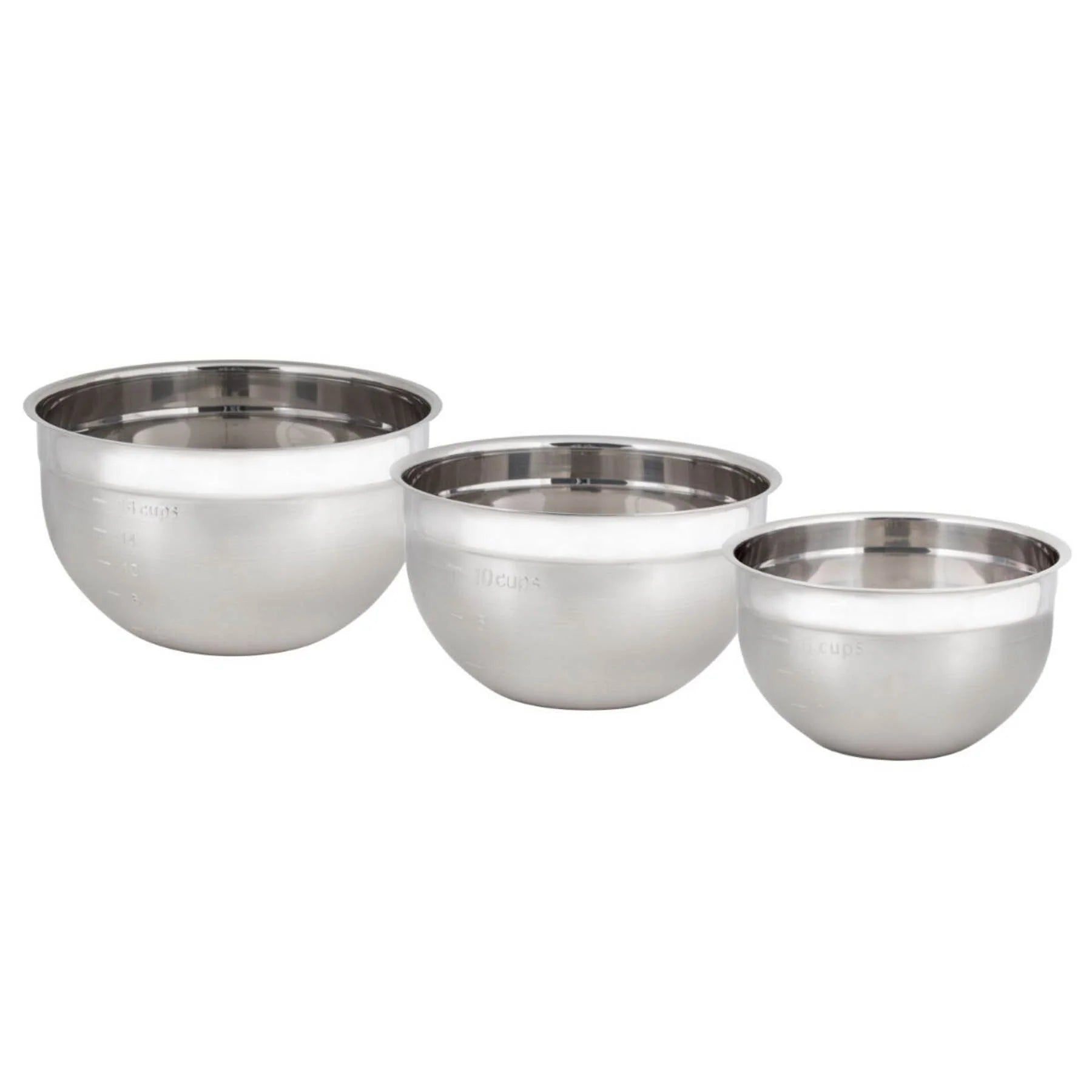 Set of three stainless steel bowls on a white background