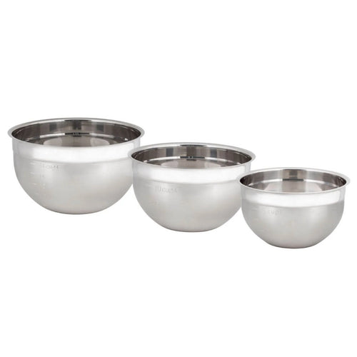 Set of three stainless steel bowls on a white background