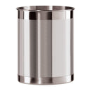 A brushed stainless steel cylindrical utensil holder with polished metallic rims, shown on a plain white background.