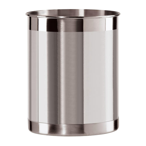 A brushed stainless steel cylindrical utensil holder with polished metallic rims, shown on a plain white background.
