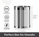 An informational graphic for an Oggi stainless steel utensil holder showing its dimensions and attributes on a white background.