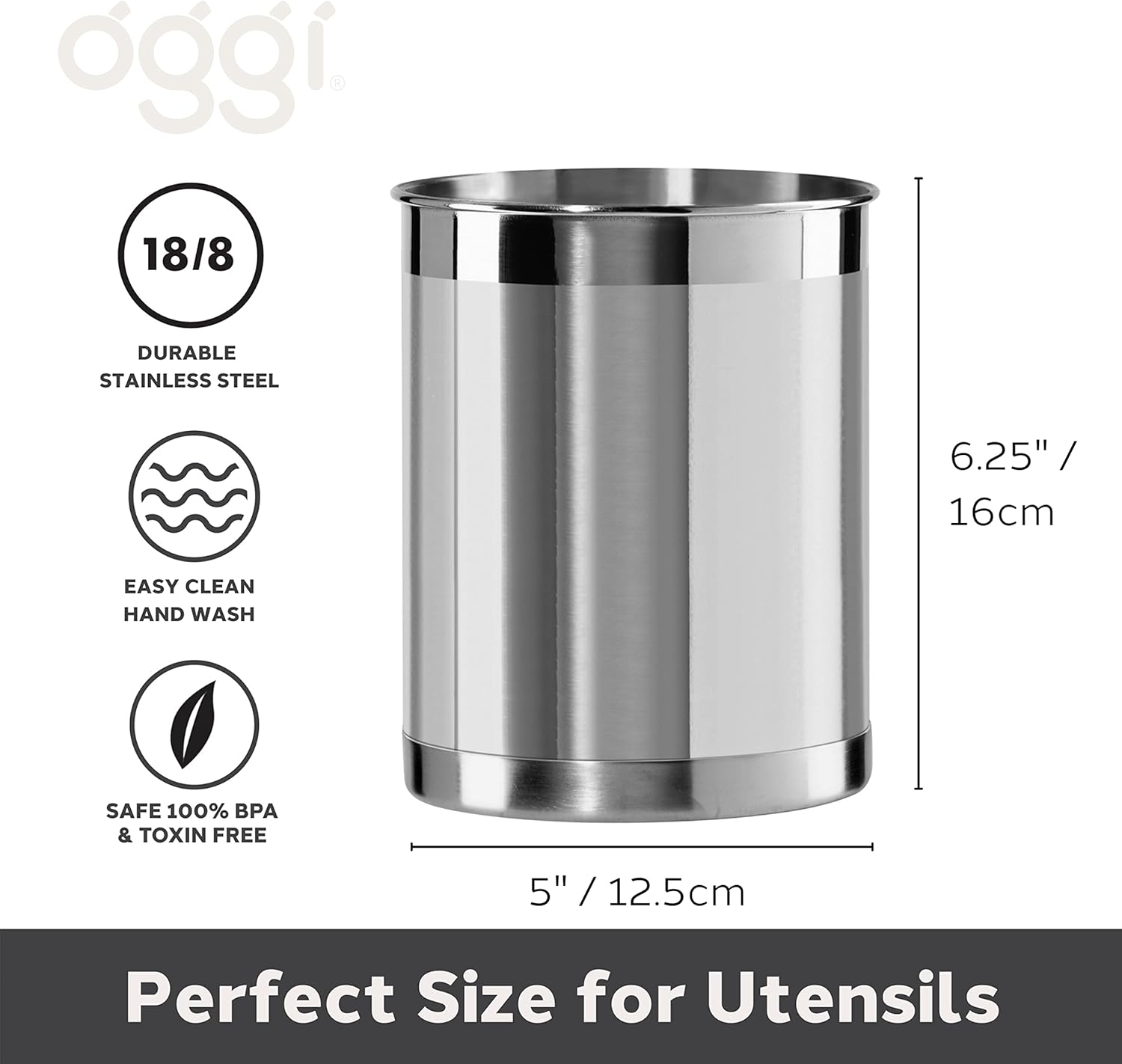 An informational graphic for an Oggi stainless steel utensil holder showing its dimensions and attributes on a white background.