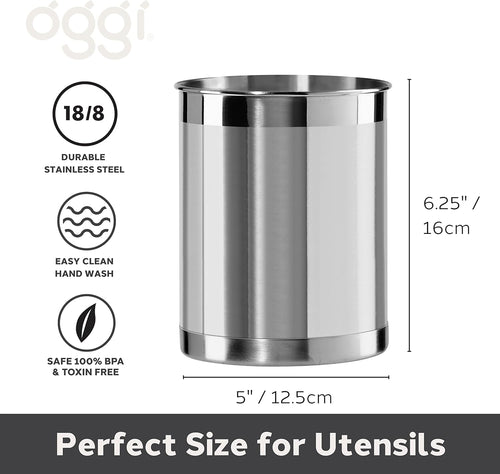 An informational graphic for an Oggi stainless steel utensil holder showing its dimensions and attributes on a white background.