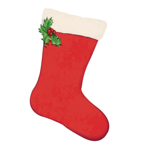 Red Christmas stocking with holly design table accent on a white background