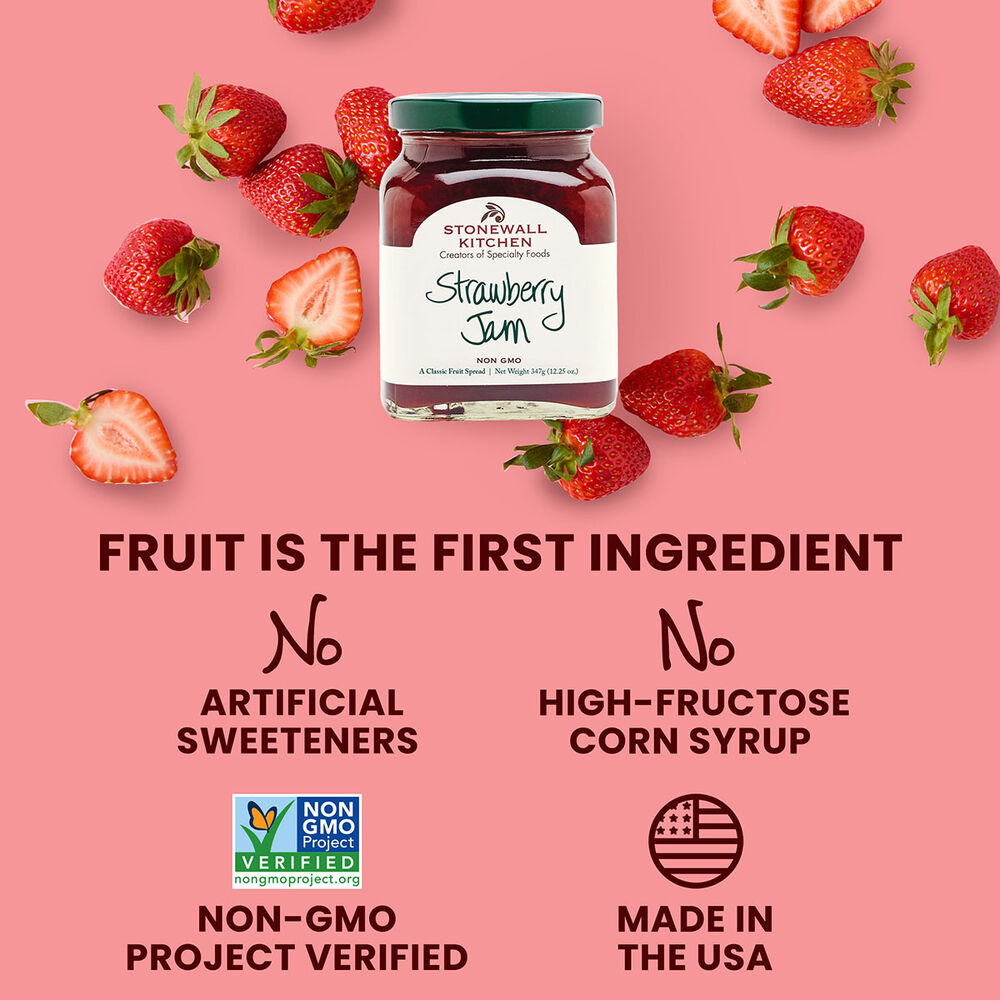 Jar of strawberry jam with strawberries on a pink background, featuring health and authenticity claims.