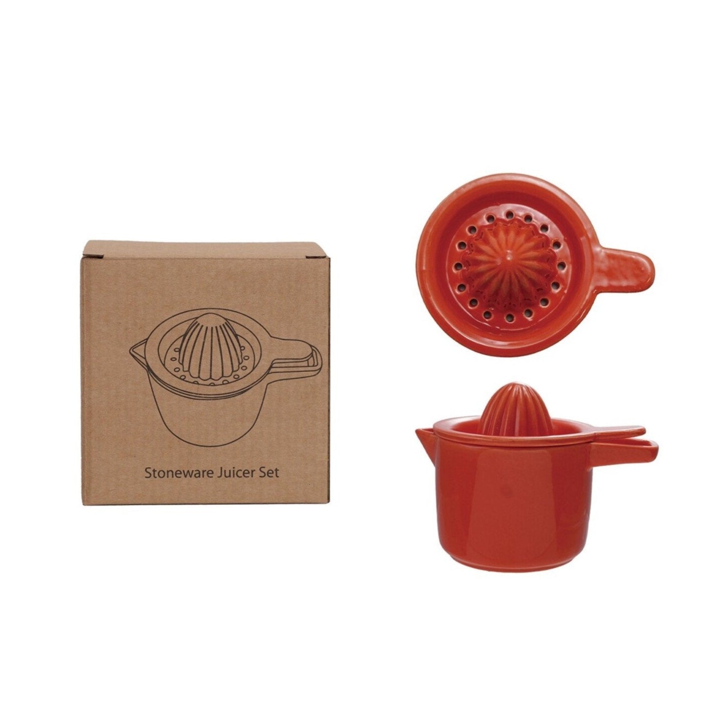 Red stoneware juicer set with packaging on a white background