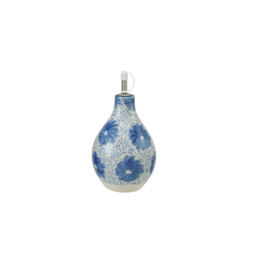 Decorative bottle with blue floral pattern on a white background