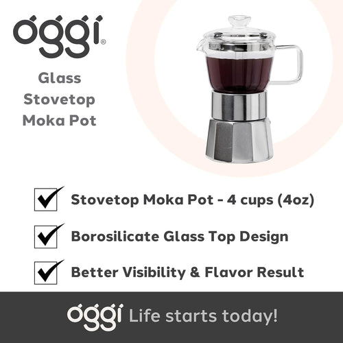 A moka pot with Oggi branding with different points and checkmarks in boxes on a white background.