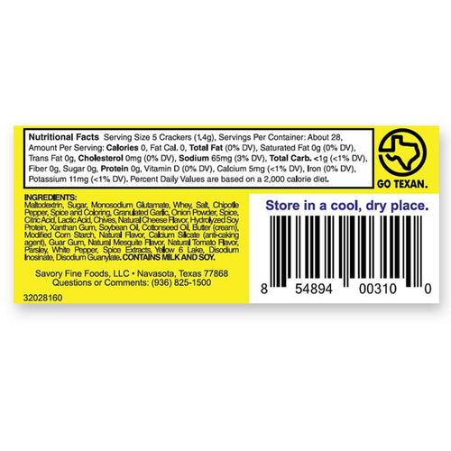 Back of a food package with a yellow label containing nutritional information, ingredients, and storage instructions.