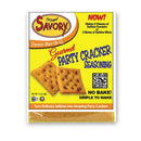 Savory Gourmet Party Cracker Seasoning packaging with crackers on a yellow background