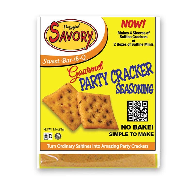 Savory Gourmet Party Cracker Seasoning packaging with crackers on a yellow background