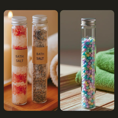 Two glass tubes labeled 'Bath Salt' with layered contents and a third tube filled with colorful sprinkles on a wooden surface.