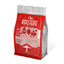 A pack of The Roasterie-Decaf Holiday Blend coffee, with red and white packaging, featuring holiday-themed graphics such as Christmas trees and a airplane.
