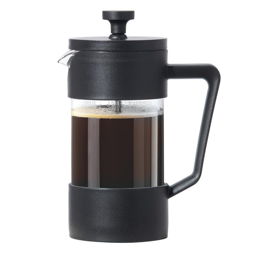 A matte black French press with a clear glass carafe filled with dark coffee, shown against a solid white background.