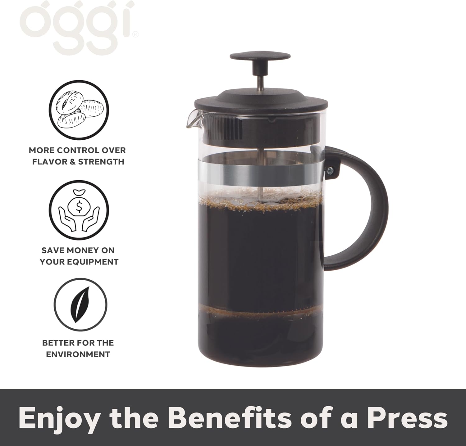 French press with coffee, featuring the oggi brand and benefits listed.