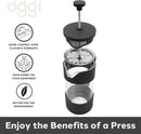 The different components of a French press with Oggi branding and 'enjoy the benefits of a press' at the bottom.