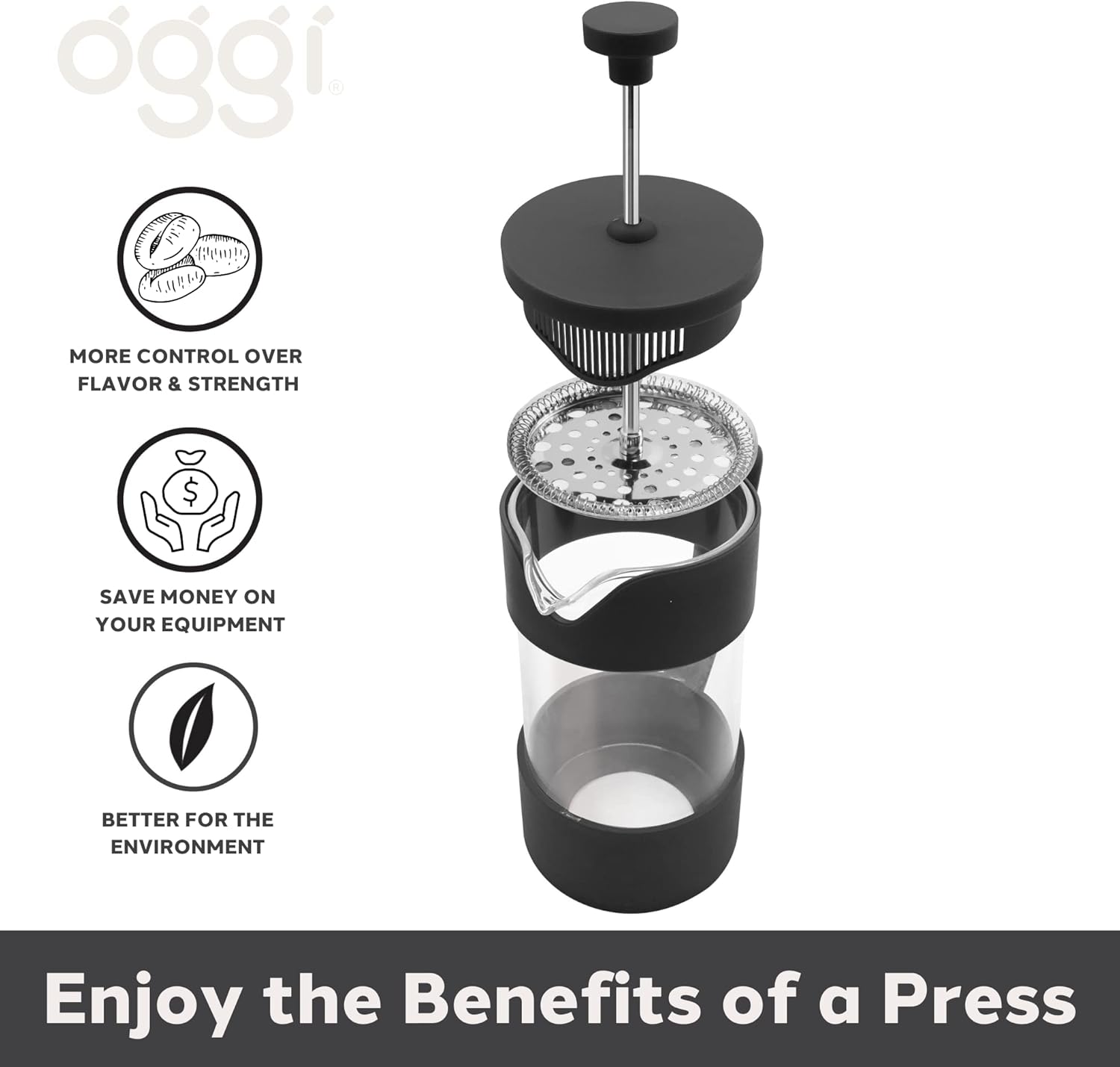 The different components of a French press with Oggi branding and 'enjoy the benefits of a press' at the bottom.