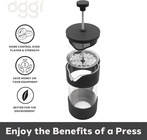 The different components of a French press with Oggi branding and 'enjoy the benefits of a press' at the bottom.