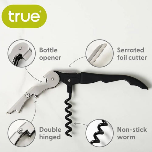 Corkscrew with bottle opener, serrated foil cutter, double hinged design, and non-stick worm on a white background.