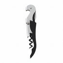 Corkscrew with black handle and silver blade on a white background