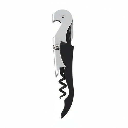 Corkscrew with black handle and silver blade on a white background