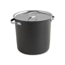 A large black stock pot with lid on a white background.