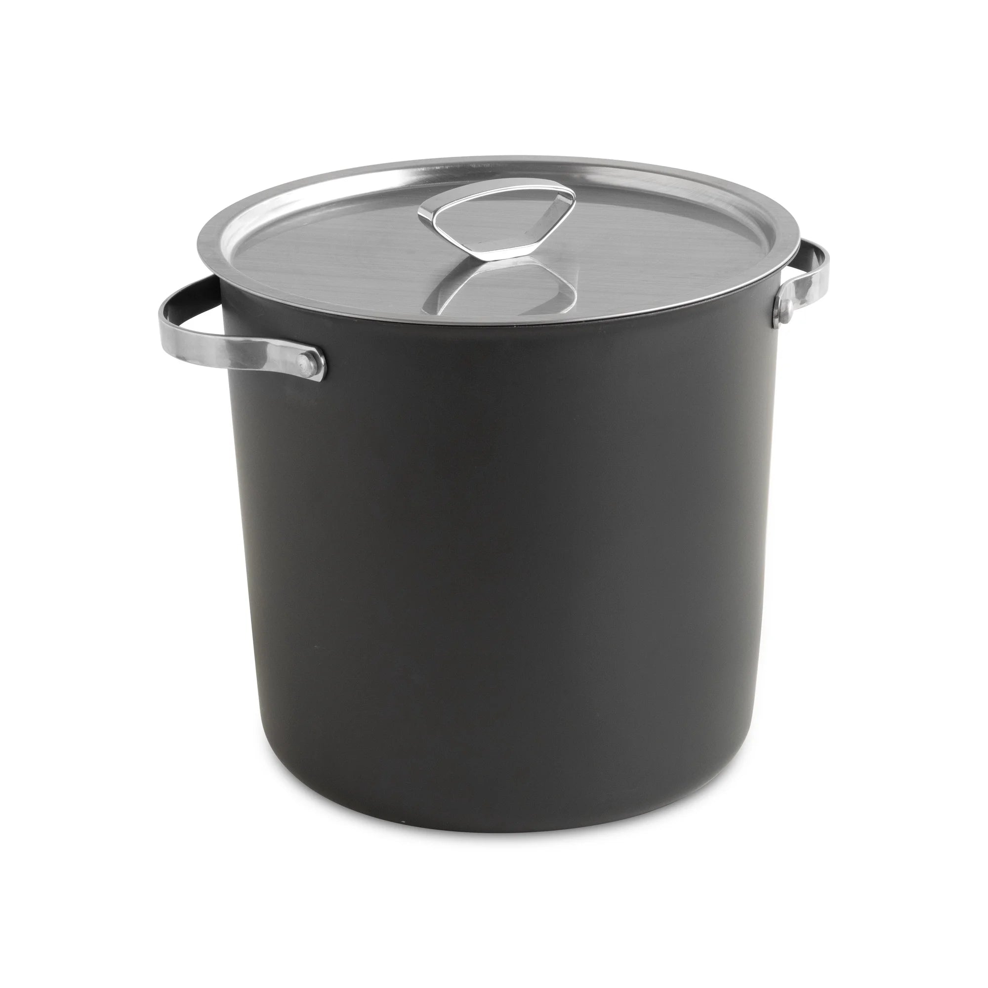 A large black stock pot with lid on a white background.