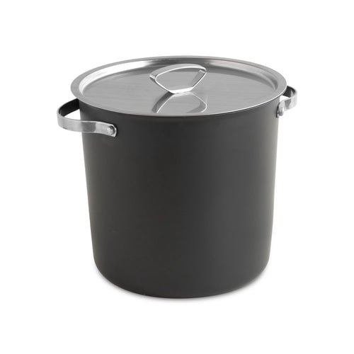 A large black stock pot with lid on a white background.