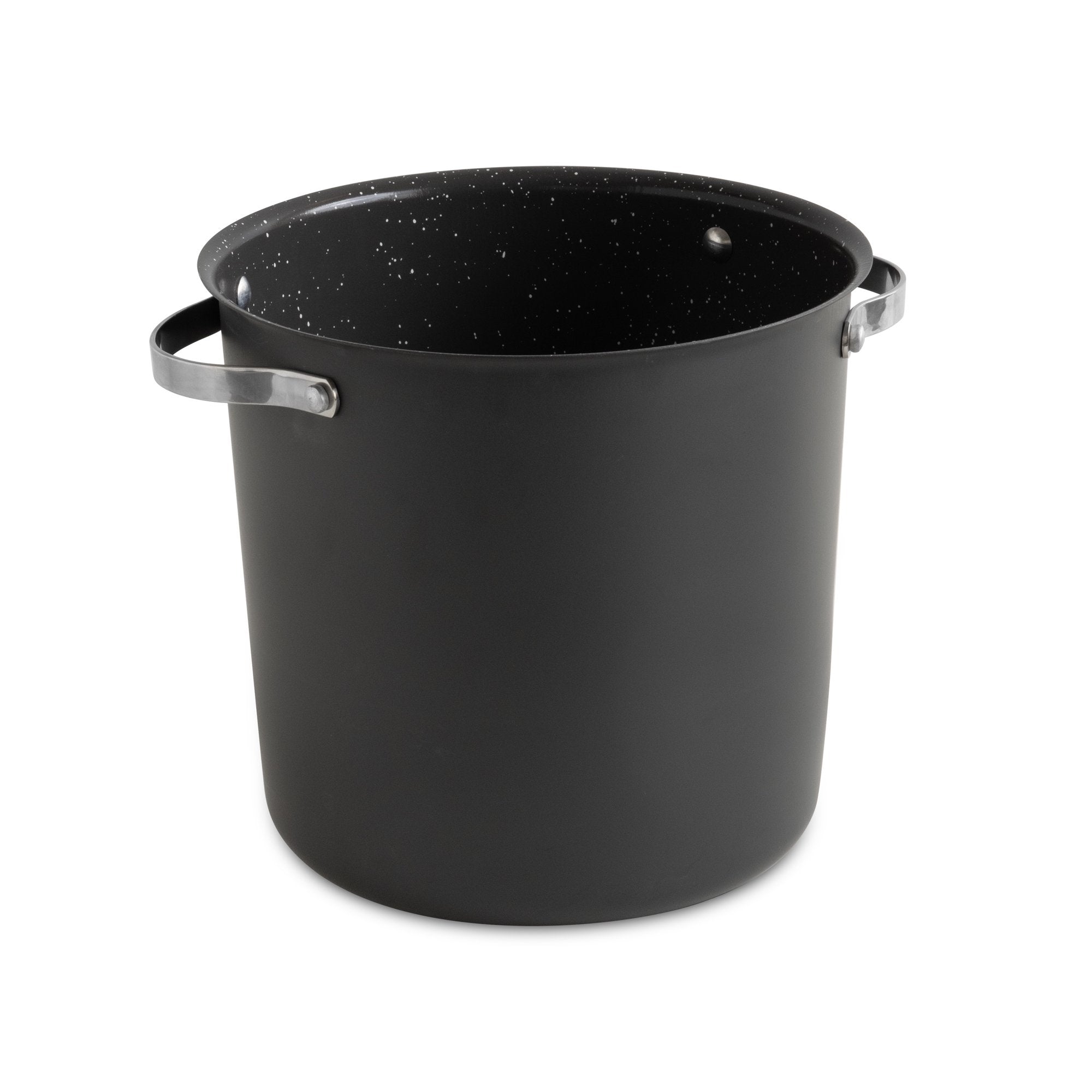 A black stock pot on a white background.