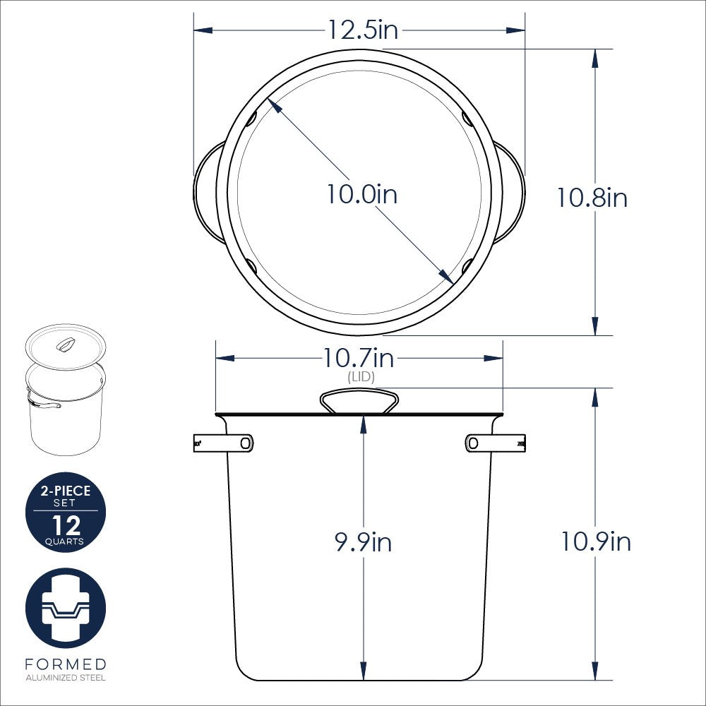 A technical drawing of a stock pot and lid with their dimensions shown on a white background.