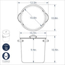 A technical drawing of a stock pot and lid with their dimensions shown on a white background.