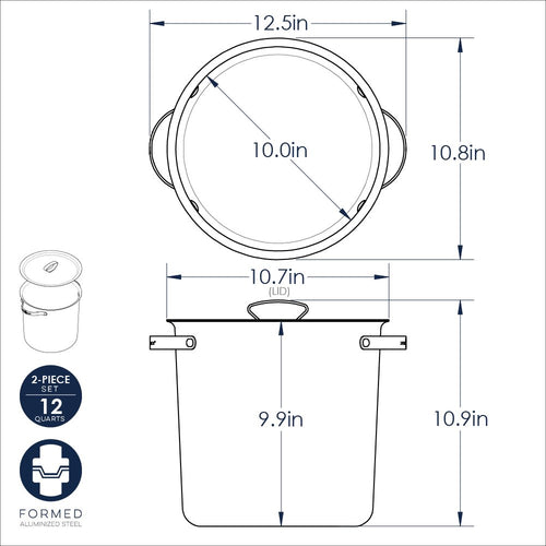 A technical drawing of a stock pot and lid with their dimensions shown on a white background.
