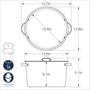 Measurement chart of a pot with lid showing dimensions in inches.
