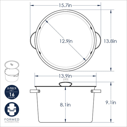 Measurement chart of a pot with lid showing dimensions in inches.