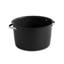 Black speckled pot with handles on a white background