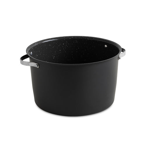 Black speckled pot with handles on a white background
