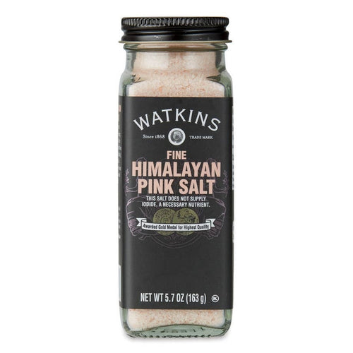 Jar of Watkins Fine Himalayan Pink Salt on a white background