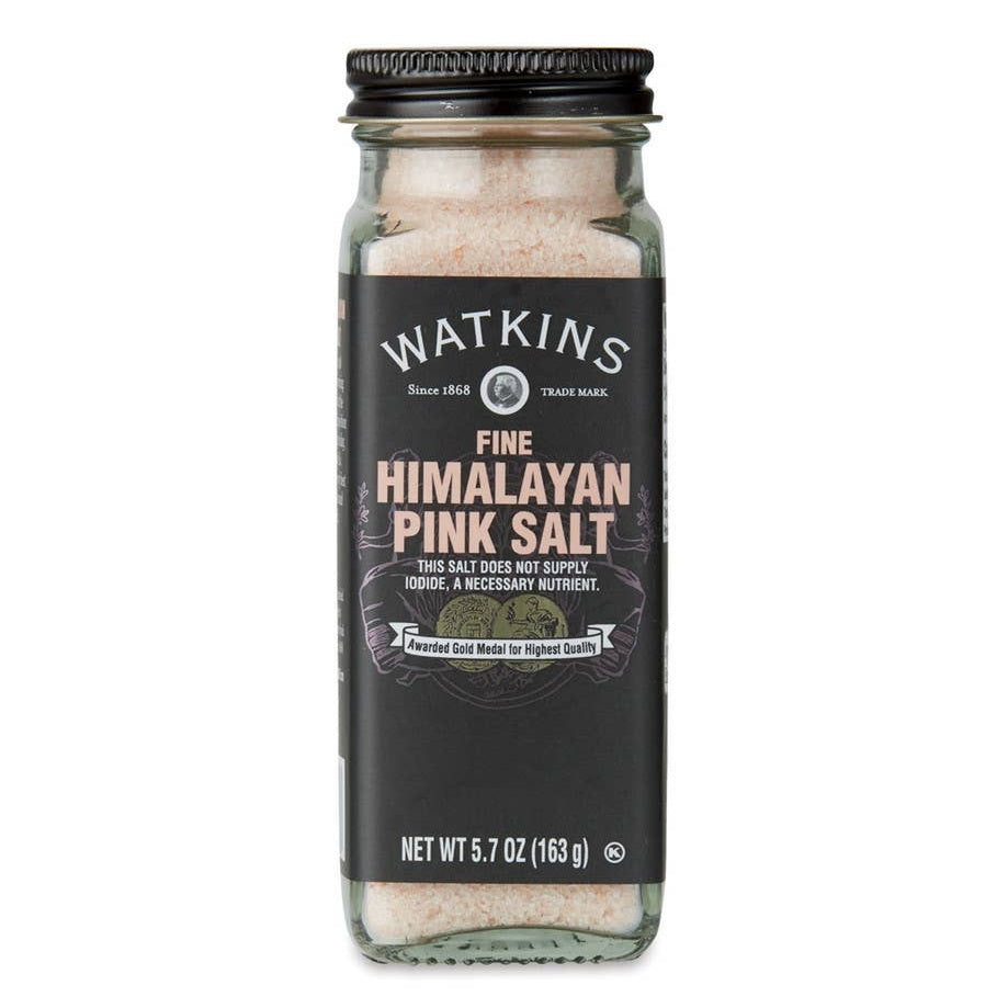 Jar of Watkins Fine Himalayan Pink Salt on a white background