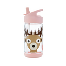 A clear plastic water bottle with a cartoon deer design, featuring a flip spout and a pink cover and base.
