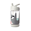A clear plastic water bottle with a cartoon sloth design, featuring a flip spout and a white cover and base.
