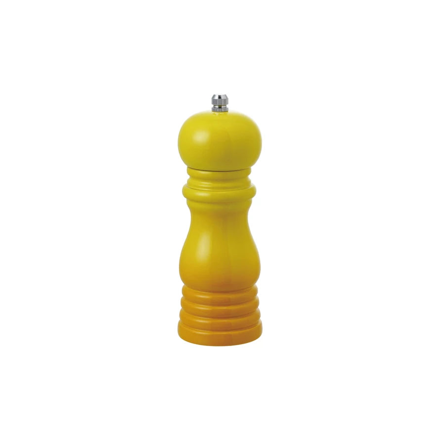 A blue enameled rubberwood pepper mill with a classic design.