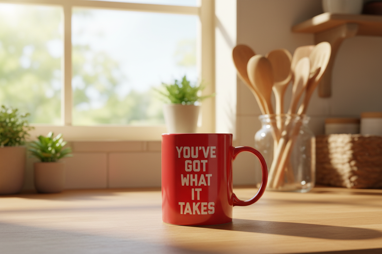 Red mug with white 'you've got what it takes' text on a wooden surface