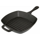 A 10 inch square black cast iron grill pan with raised ridges and a long handle.