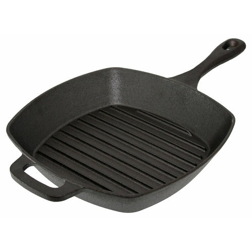 A 10 inch square black cast iron grill pan with raised ridges and a long handle.